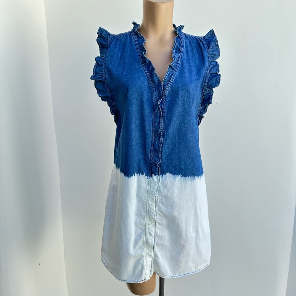 Tie Dye Distressed Elegant Denim Blue and White Ruffle Dress